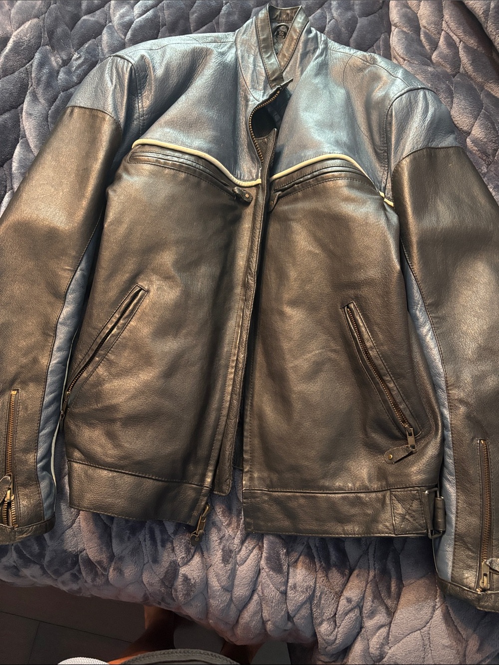 Men's/womens Black/Blue Leather motorcycle Performance jacket